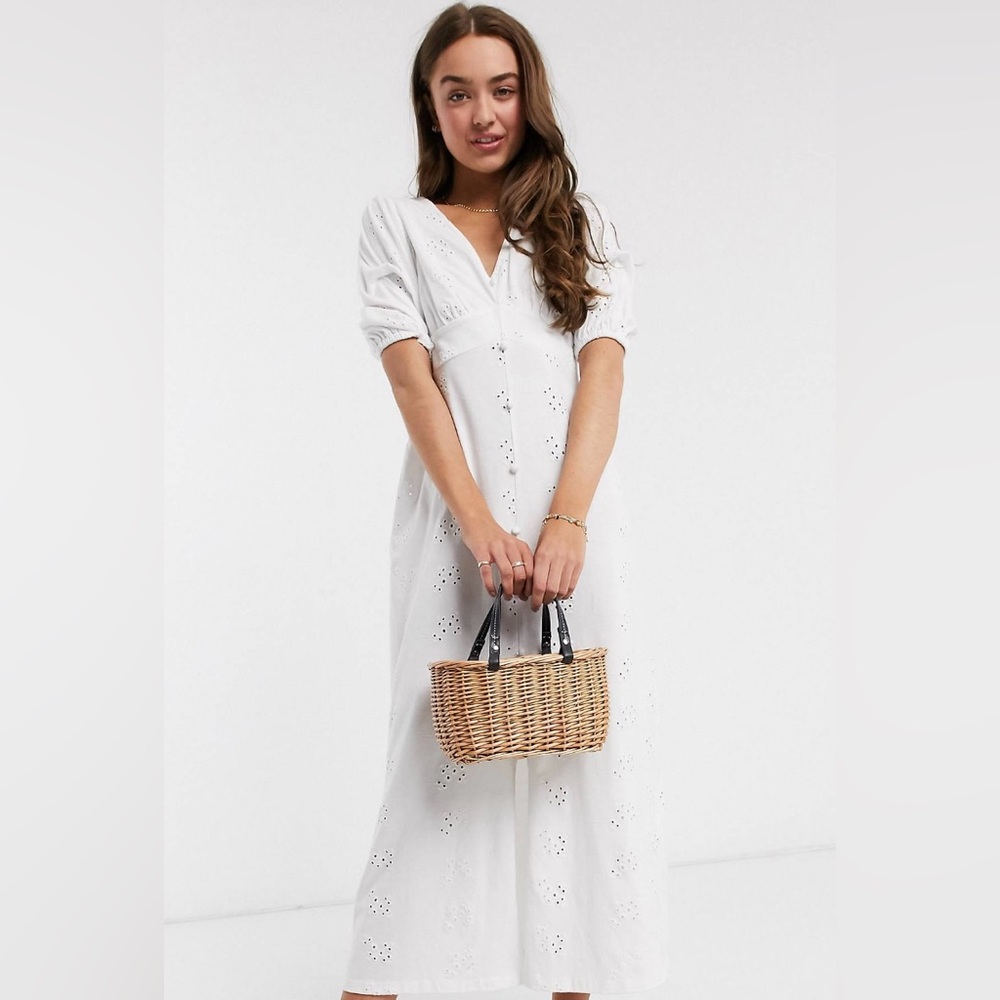 ASOS DESIGN Petite broderie tea maxi dress with puff sleeve in white